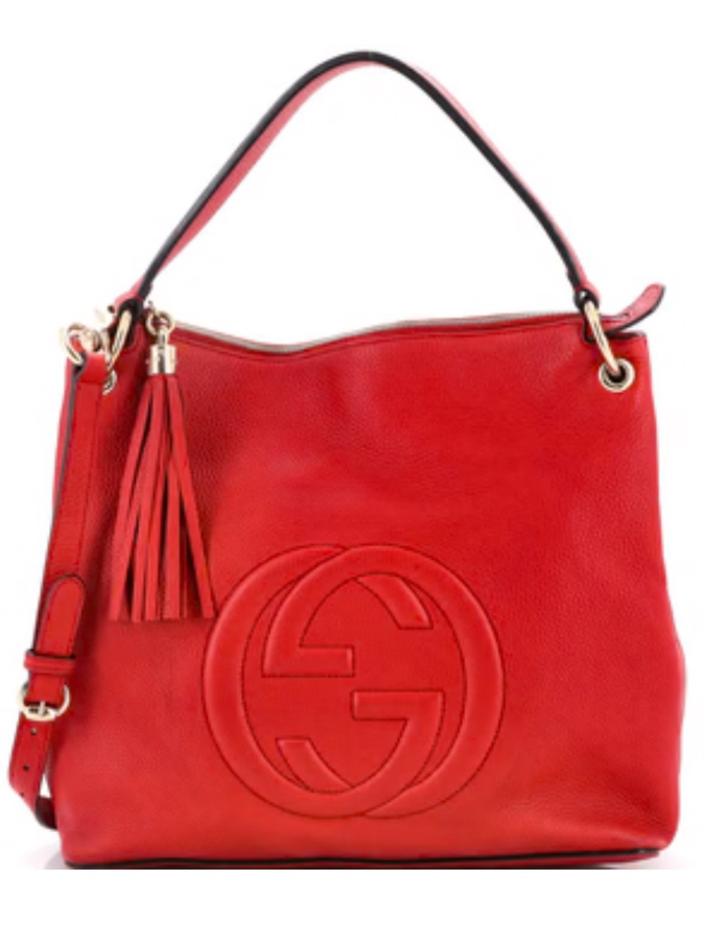 Gucci Red Pebbled Calfskin Leather Shoulder Bag with Tassel with crossbody strap